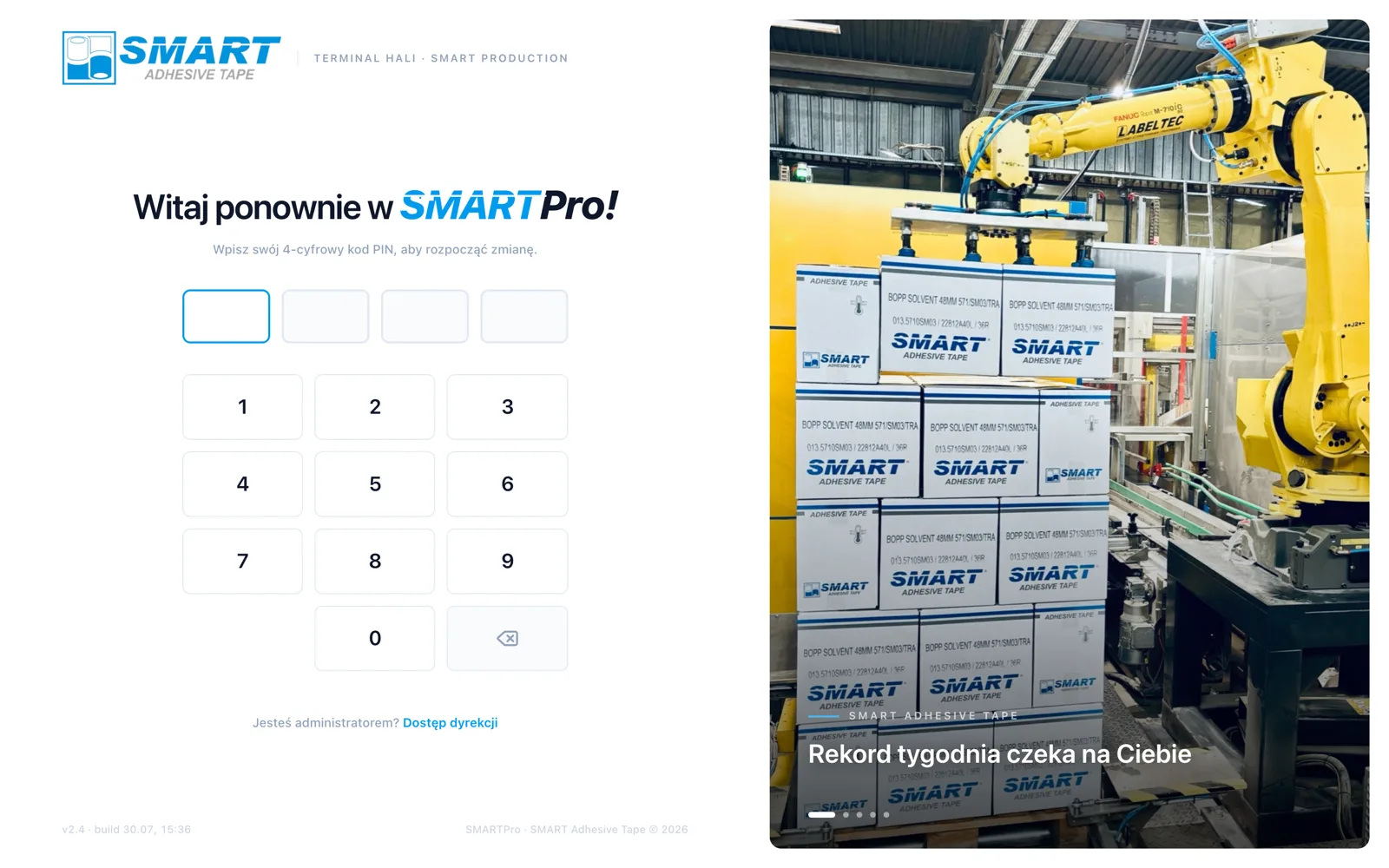 SMART Pro production system login screen with a four-digit PIN pad